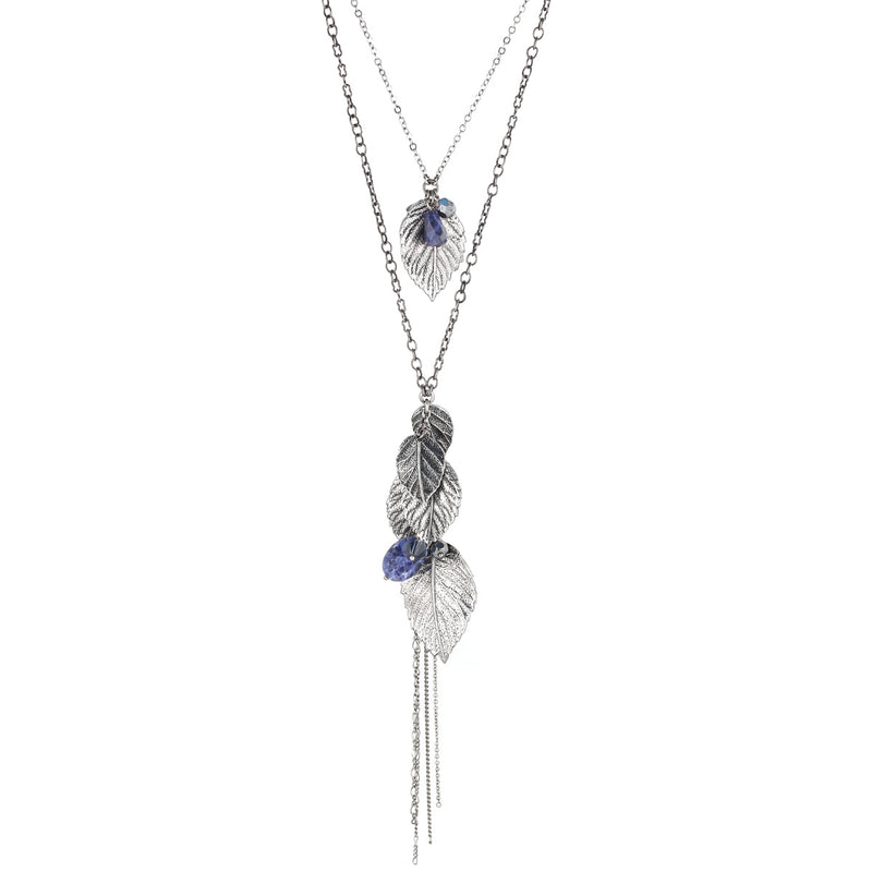 Rhodium-Tone Metal Leaf And Blue Stone 2 Latered Tassel Necklace
