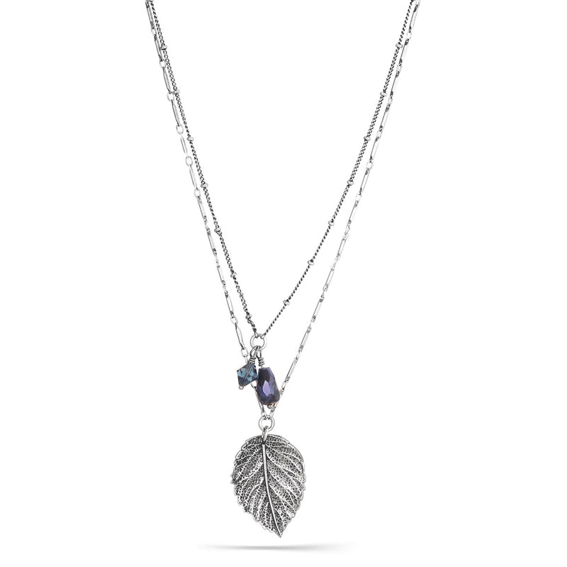 Rhodium-Tone Metal Leaf And Blue Stone2 Layered Necklace