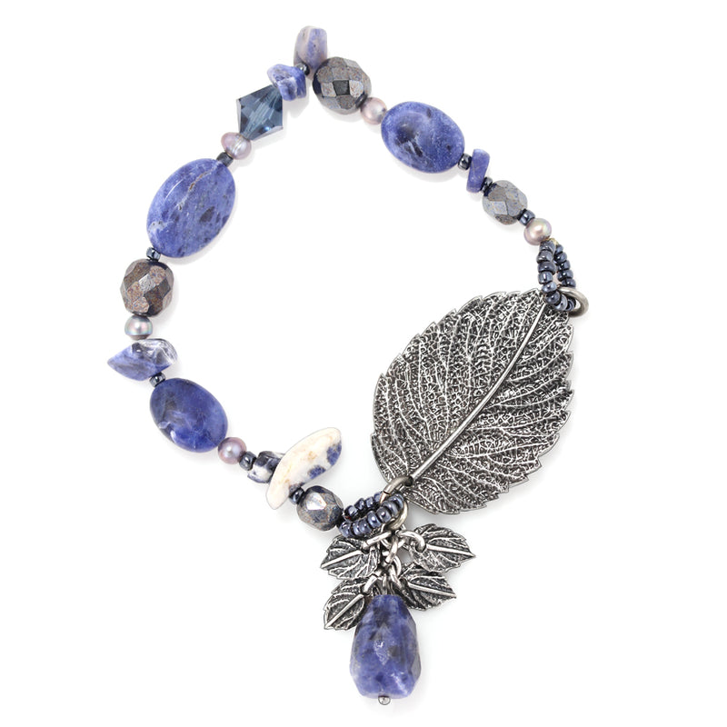 Antique Silver-Tone Metal Leaf Blue Stone Stretch Bracelets