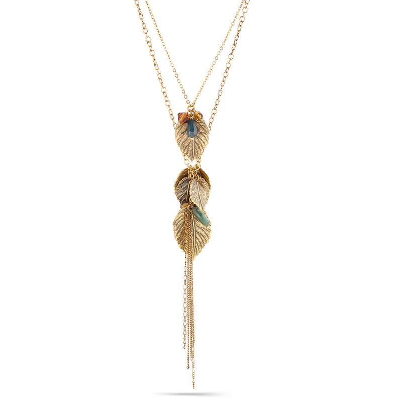 Gold-Tone Metal Leaf And Green Stone 2 Layered Tassel Necklace