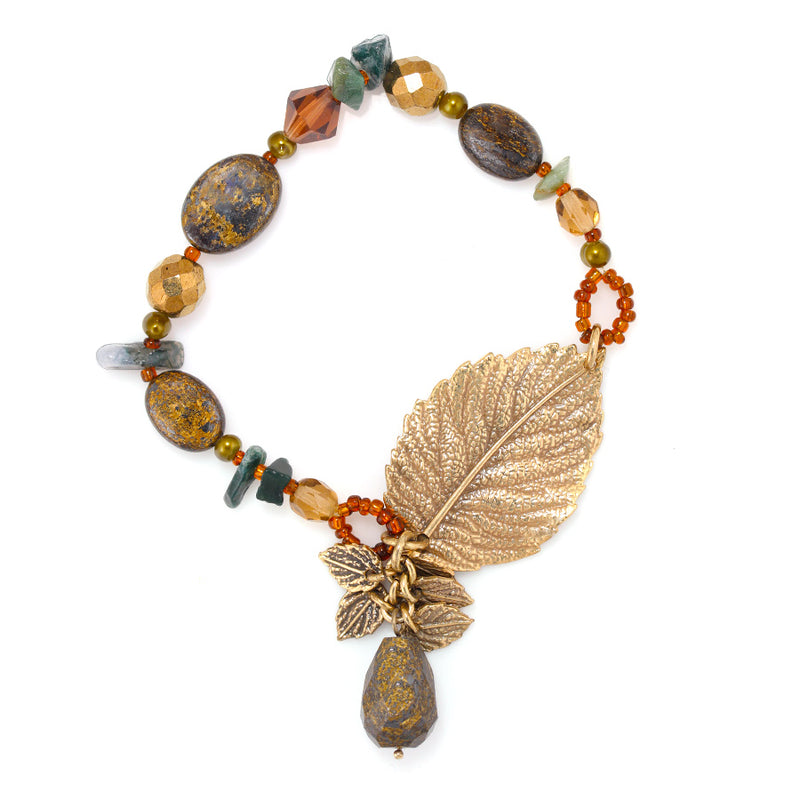 Antique Gold-Tone Metal Leaf Brown Stone Stretch Bracelets