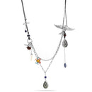 Silver-Tone Metal Bird Flower And Mix Charm Necklace