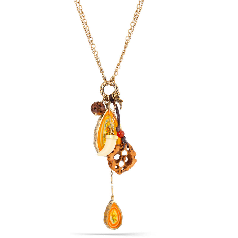 Gold-Tone Metal Orange Stone Mix Charm Necklace
