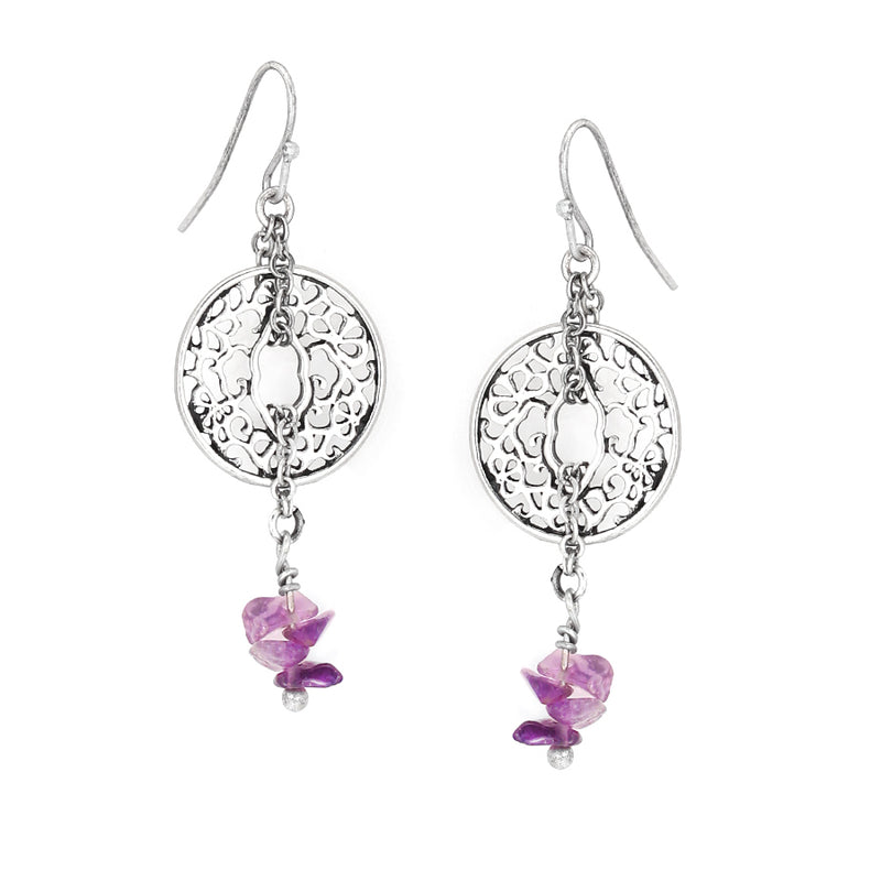 Antique Silver-Tone Metal Filigree Amethyst Drop Earrings