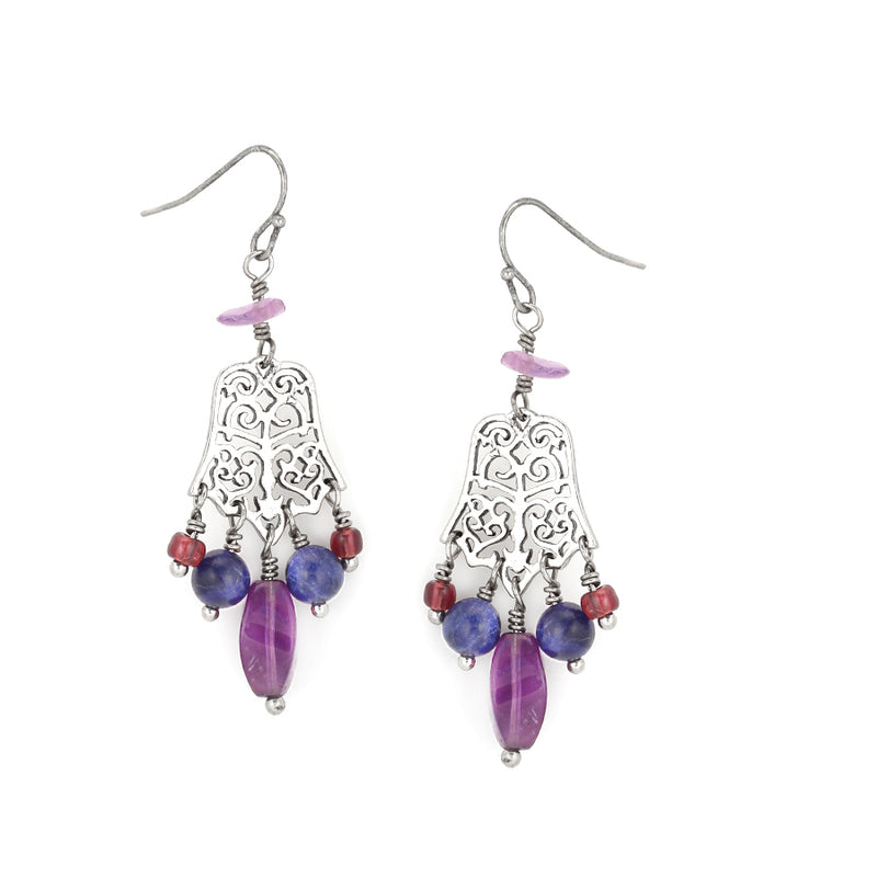 Antique Silver-Tone Metal Filigree Purple Beads Drop Earrings