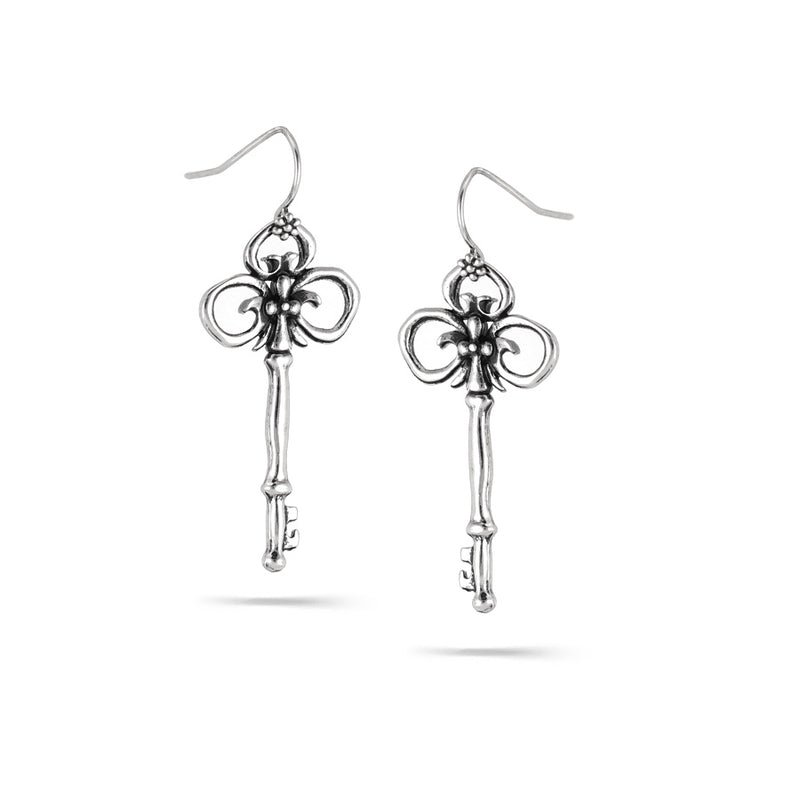 Silver-Tone Metal Tone Vintage Look Key Drop Earrings