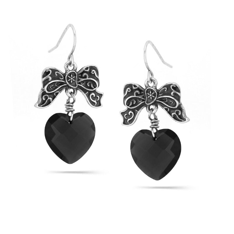 Silver-Tone Metal Black Heart Shape Stone Butterfly Drop Earrings