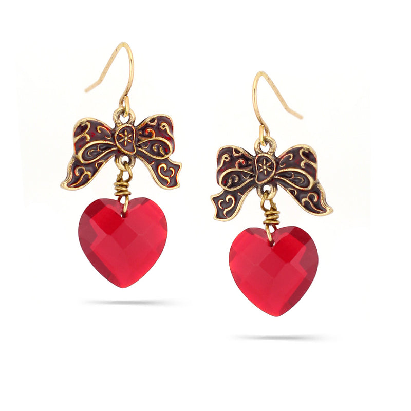 Gold-Tone Metal Red Heart Shape Stone Butterfly Drop Earrings