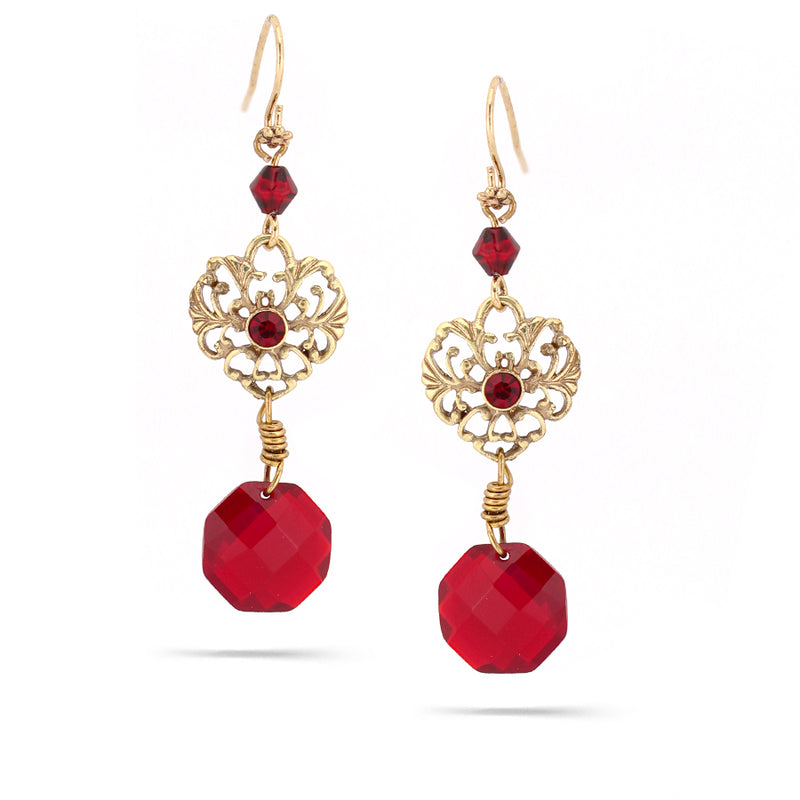 Gold-Tone Metal Filigree Red Drop Earrings