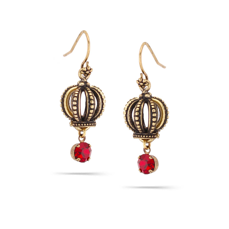 Gold-Tone Metal Crown Red Crystal Drop Earrings