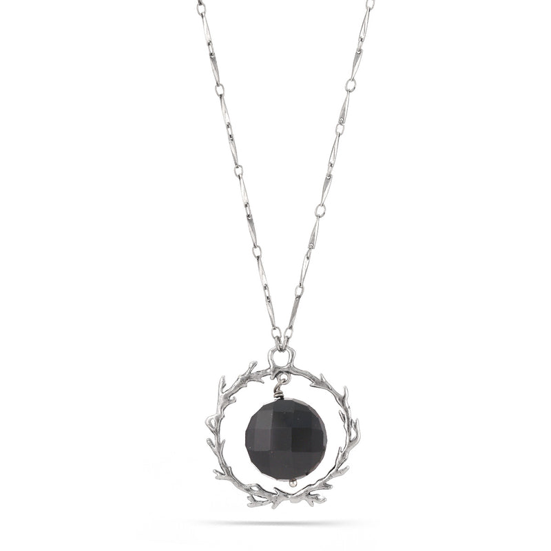Antique Silver Tone Metal Black Faceted Stone Drop Necklace