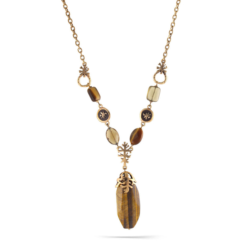 Gold-Tone Metal Tiger'S Eye Natural Stone Necklace