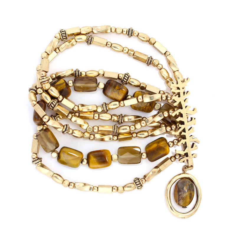 Gold-Tone Metal Beads Tiger'S Eye Stretch Bracelets