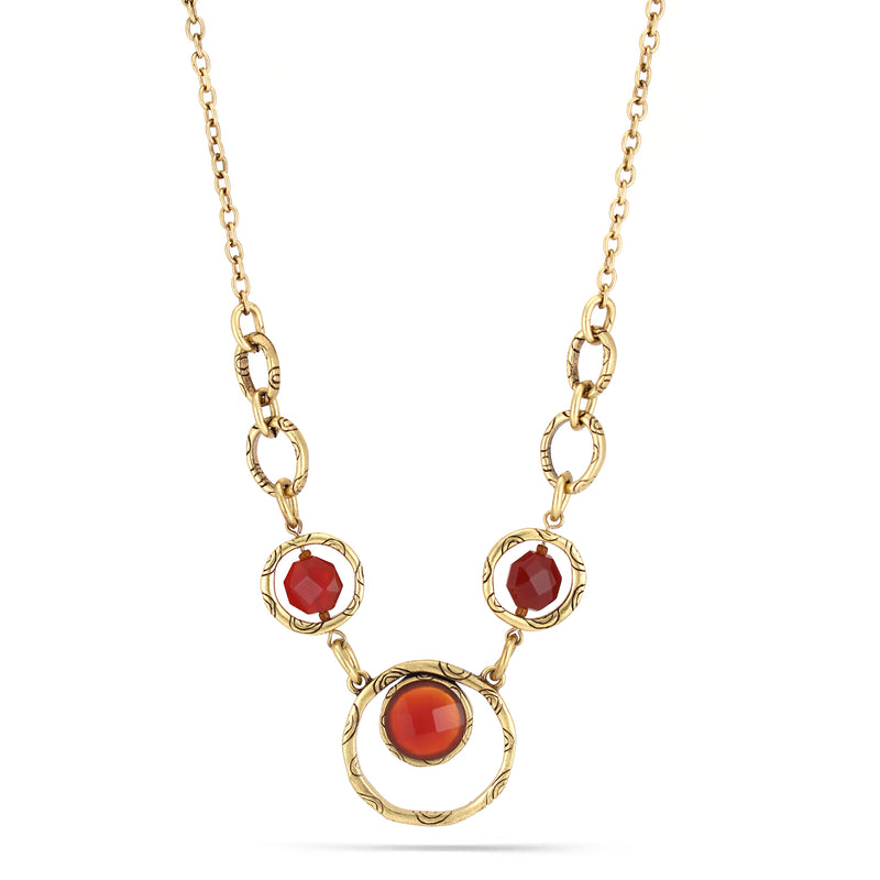 Antique Gold-Tone Metal Orange Faceted Stone Necklace