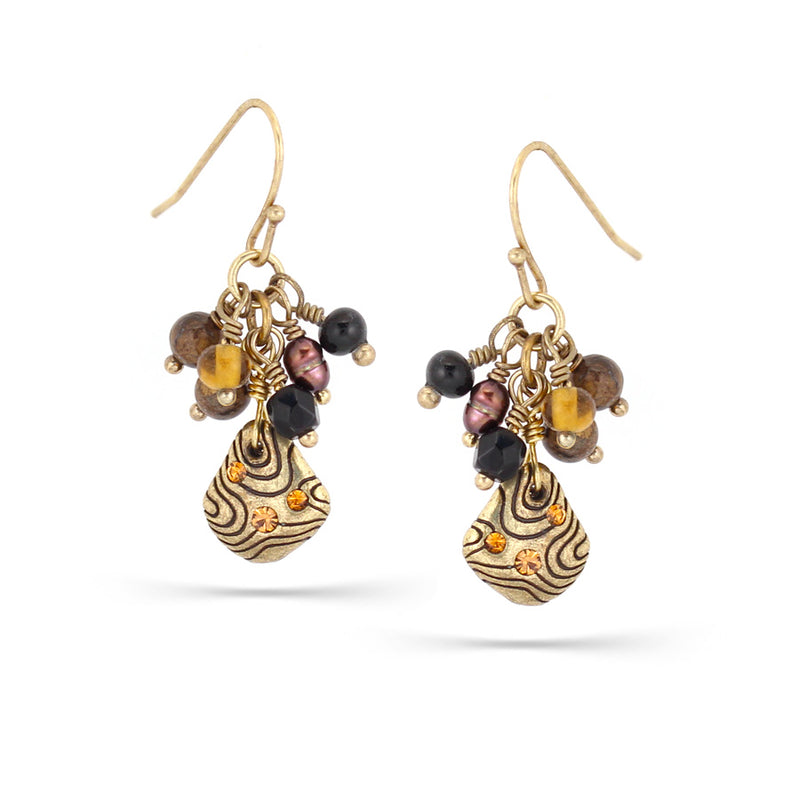 Gold-Tone Metal Pearl And Tiger'S Eye Beds Drop Earrings