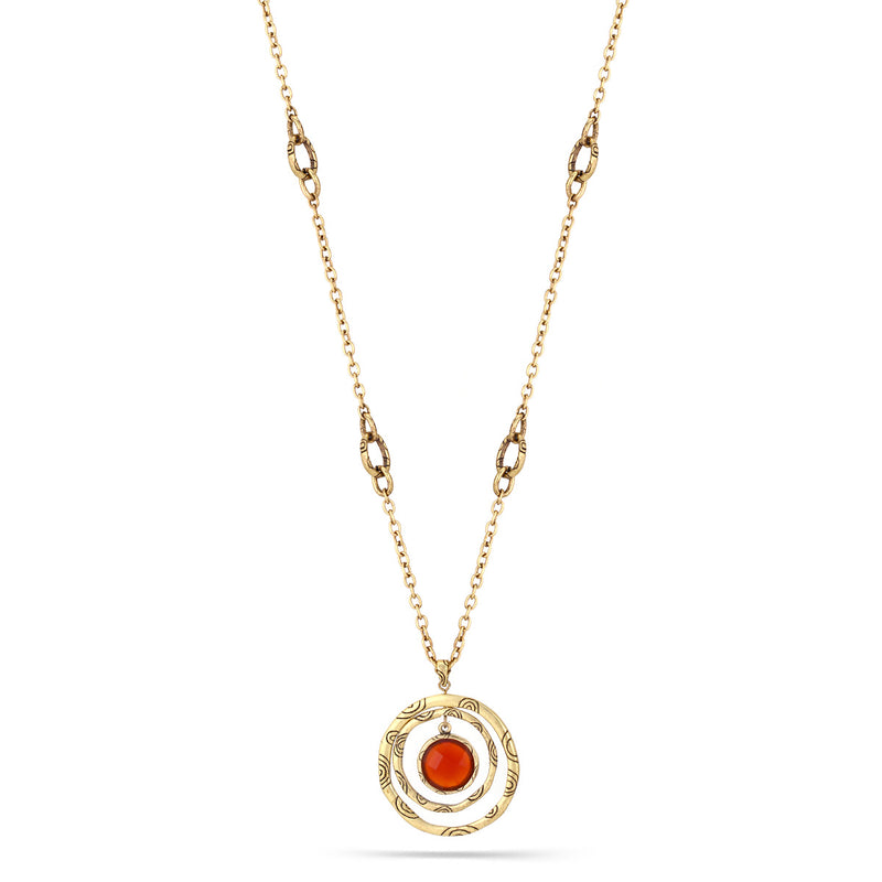 Antique Gold-Tone Metal Orange Faceted Stone Round Pendant Necklace