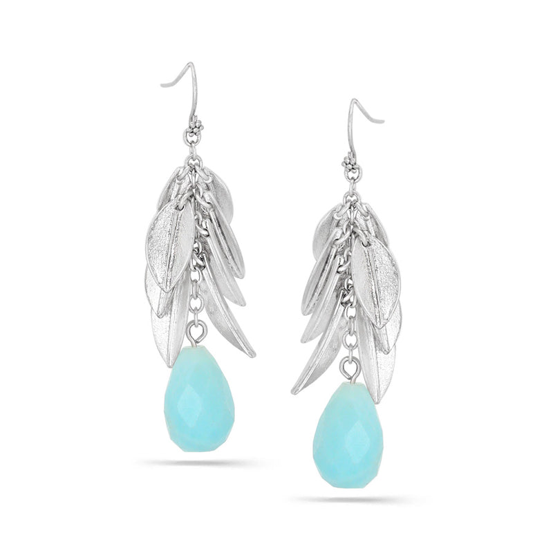 Silver-Tone Metal Leaf Turquoise Stone Drop Earrings