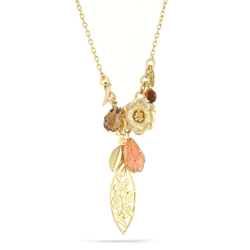 Gold-Tone Metal Flower And Leaf Tiger'S Eye Pink Stone Long Necklace
