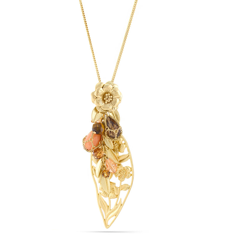 Gold-Tone Metal Flower And Leaf Tiger'S Eye Pink Stone Necklace