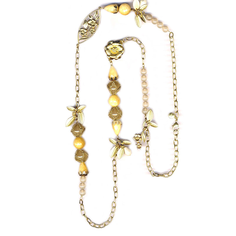 Gold-Tone Metal Leaf And Flower Cream Necklace