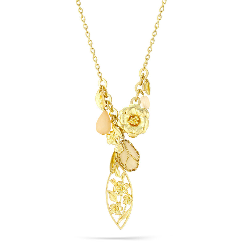 Gold-Tone Metal Flower And Leaf Cream Teardro Stone Long Necklace