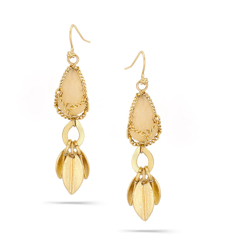 Gold-Tone Metal Leaf Natural Stone Teardrop Earrings