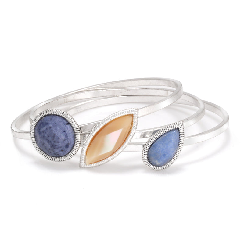Silver-Tone Metal Blue Stone And Mother Of Pearl Set Of 3 Bangles