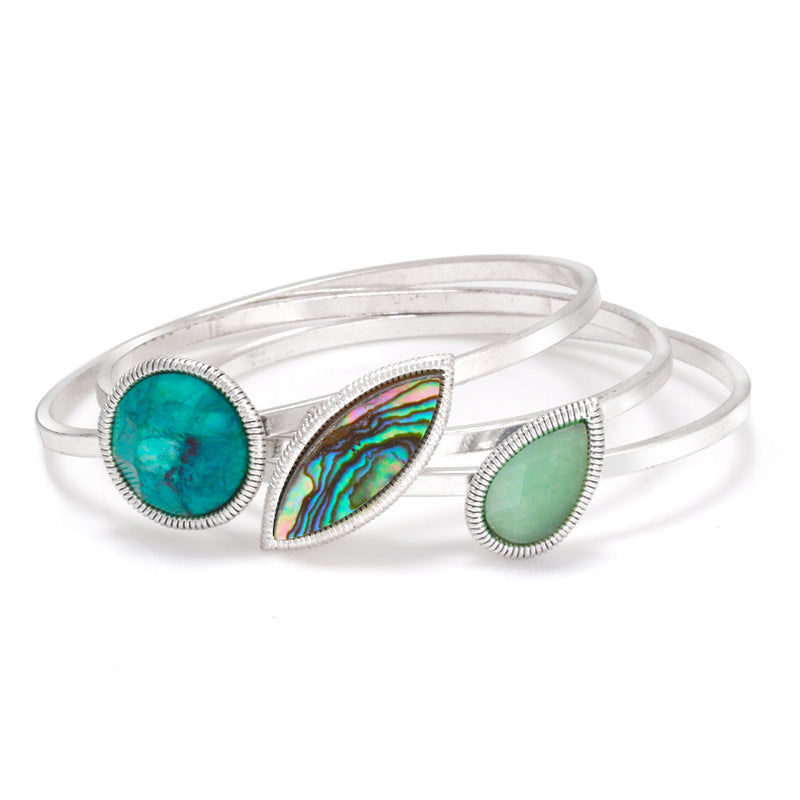 Silver-Tone Metal Green Stone And Abalone Shell Set Of 3 Bangles