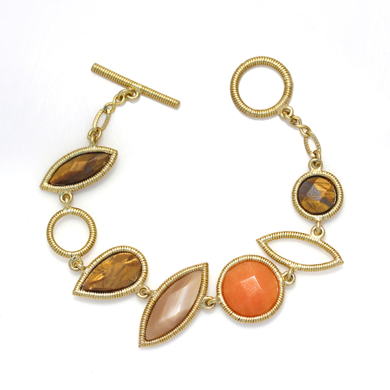 Gold-Tone Metal Tiger'S Eye Mother Of Pearl And Orange Faceted Stone Wrap Around Bracelets