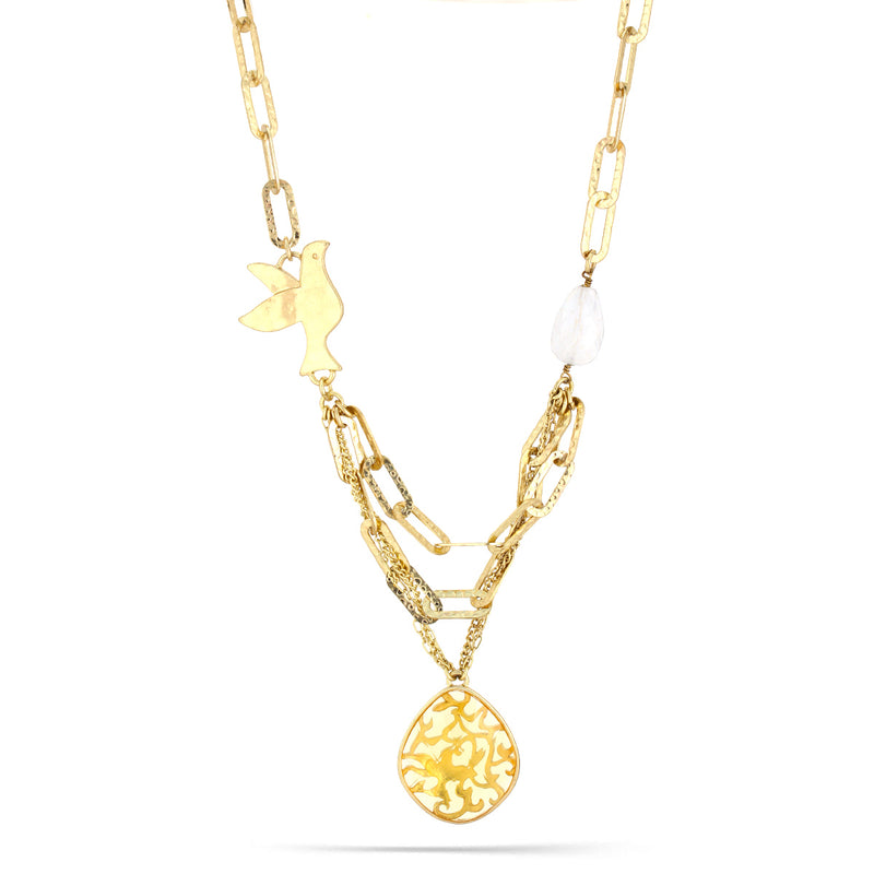 Gold-Tone Metal Filigree Yellow Faceted Stone Pendant White Crystal Peace Necklace