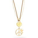 Gold-Tone Metal Peace Crystal Pendant Brown Leather And Gold Chain Gold Lobster Clasp Neckalce