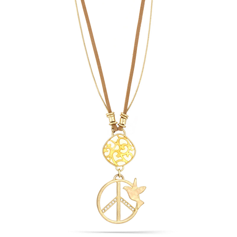 Gold-Tone Metal Peace Crystal Pendant Brown Leather And Gold Chain Gold Lobster Clasp Neckalce