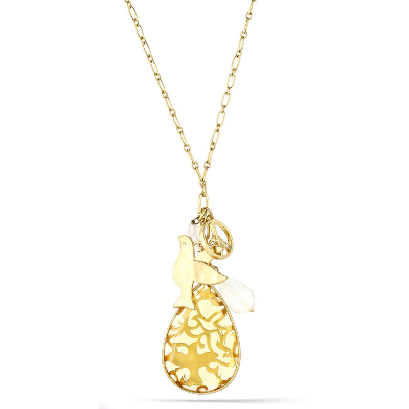 Gold-Tone Metal Filigree Yellow Faceted Stone Pendant White Crystal Peace Necklace