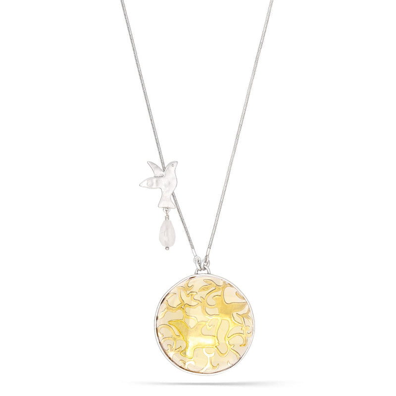 Silver-Tone Metal Filigree Yellow Faceted Stone Rund Pendant White Crystal Peace Necklace