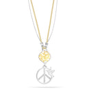 Silver-Tone Metal Peace Crystal Pendant Brown Leather And Silver Chain Silver Lobster Clasp Neckalce