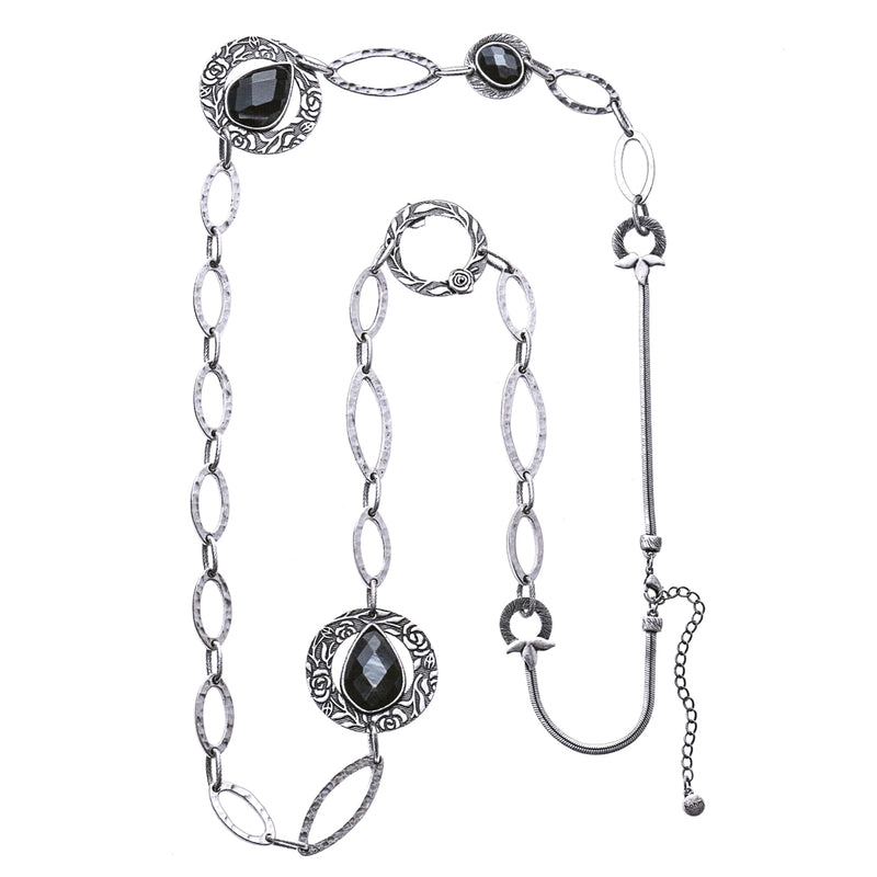 Silver-Tone Metal Black Faceted Stone Link Necklace