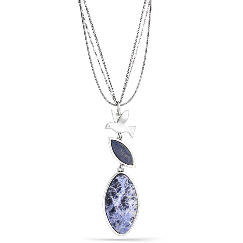 Silver-Tone Metal Blue Stone Bird Charm Long Necklace
