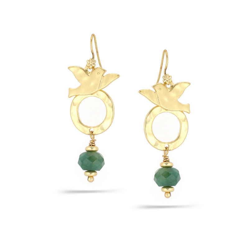 Gold-Tone Metal Bird Green Round Stone Earrings