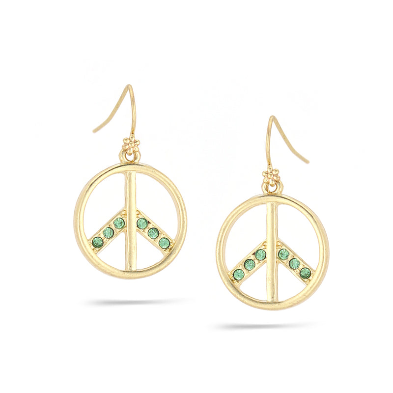 Gold-Tone Metal Peace Symbal Green Crystal Drop Earrings