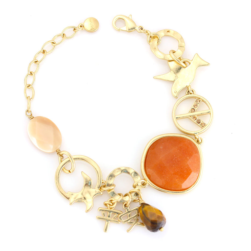 Gold-Tone Metal Tiger'S Eye And Orange Natural Stone Wrap Around Bracelets