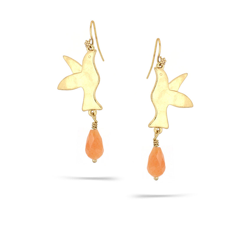 Gold-Tone Metal Bird Orange Teardrop  Stone Earrings