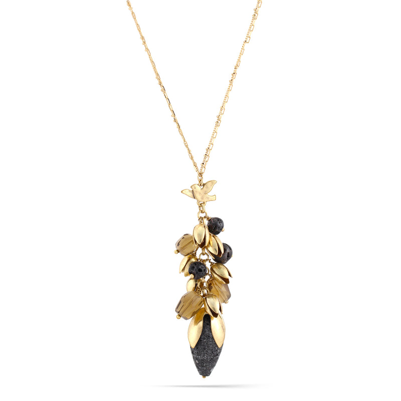 Gold-Tone Metal Grey Stone And Smokey Crystal Necklace