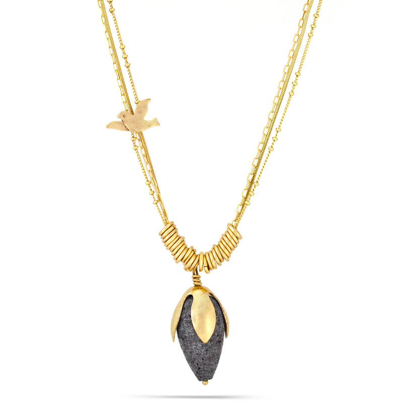 Gold-Tone Metal Bird Charm And Green Stone Pendant Necklace