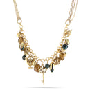 Gold-Tone Metal Green Natural Stone And Many Charms Drop Necklace