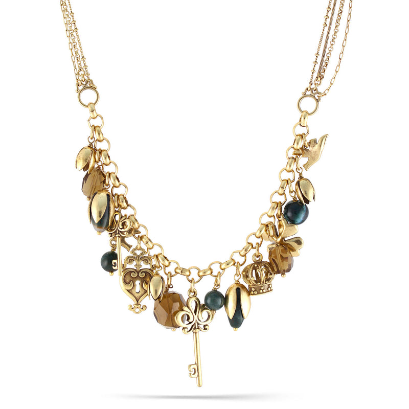 Gold-Tone Metal Green Natural Stone And Many Charms Drop Necklace