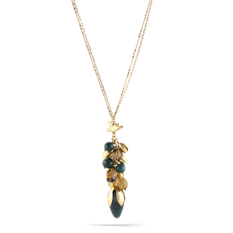 Gold-Tone Metal Green Natural Stone And Smokey Crystal Drop Necklace