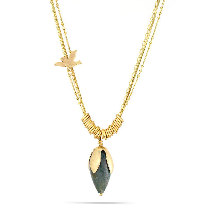 Gold-Tone Metal Bird Charm And Green Stone Pendant Necklace