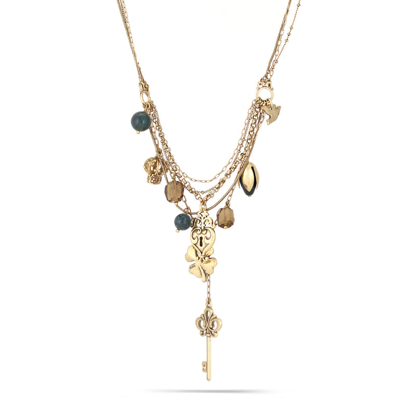 Gold-Tone Metal Green And Smokey Mix Charm Necklace