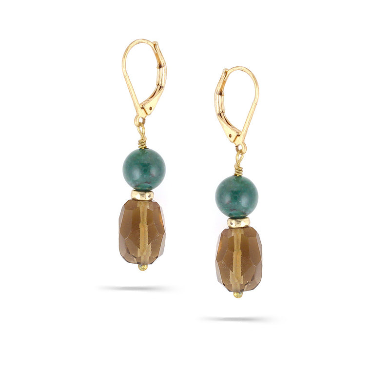 Gold-Tone Metal Green Natural Stone And Smokey Crystal Drop Earrings
