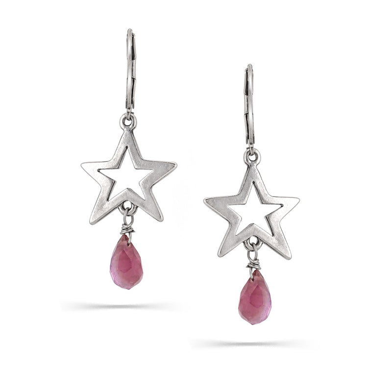 Hematite-Tone Metal Star Purple Stone Drop Earrings